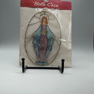Bella Casa Virgin Mary Suncatcher Religious Stained Glass Blue Purple Gold Oval